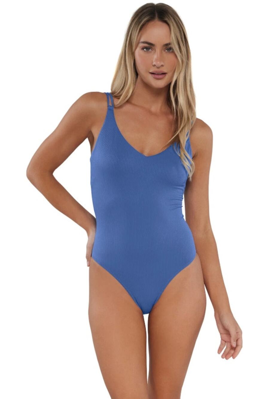 SUNSETS Women's Veronica One Piece Swimsuit Large Harbor Blue Sandbar Rib NWT